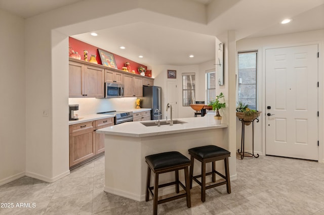 kitchen featuring a sink, stainless steel appliances, light countertops, and light brown cabinetry