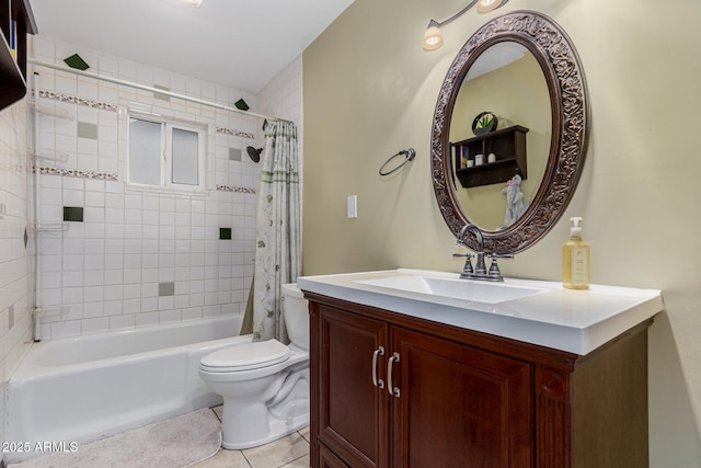 bathroom with tile patterned flooring, vanity, toilet, and shower / bath combo