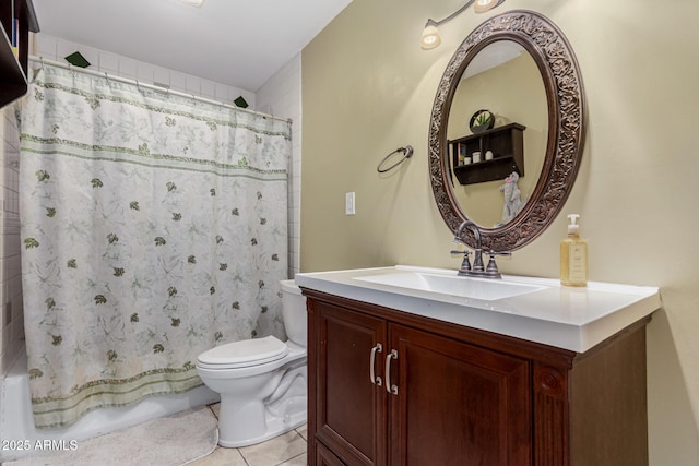 full bathroom featuring vanity, shower / tub combo, tile patterned flooring, and toilet