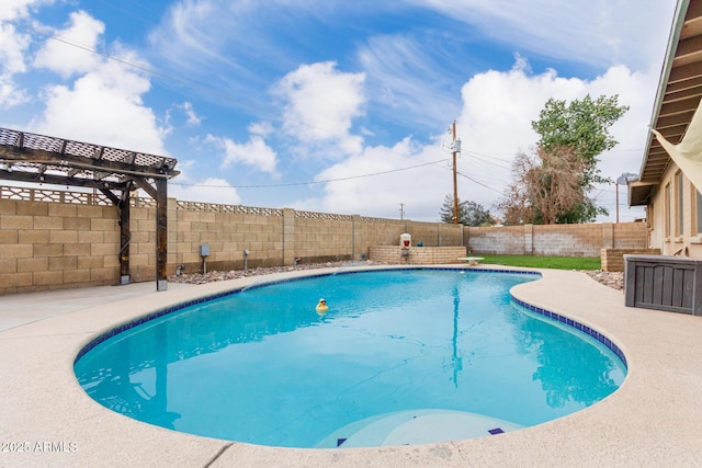 view of pool featuring a fenced backyard, a fenced in pool, and a pergola