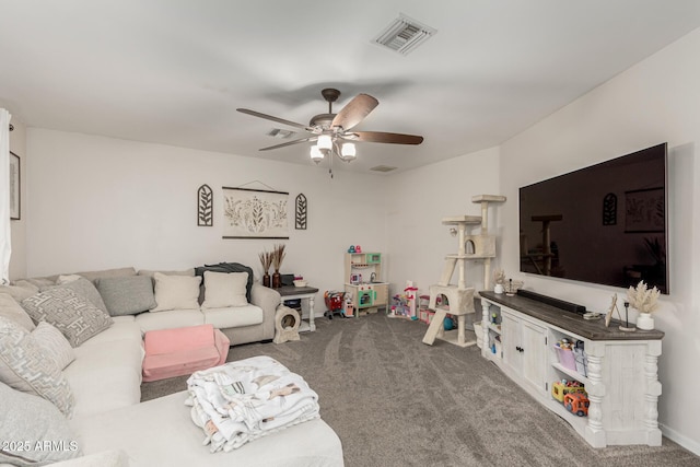 living room featuring carpet floors, ceiling fan, and visible vents