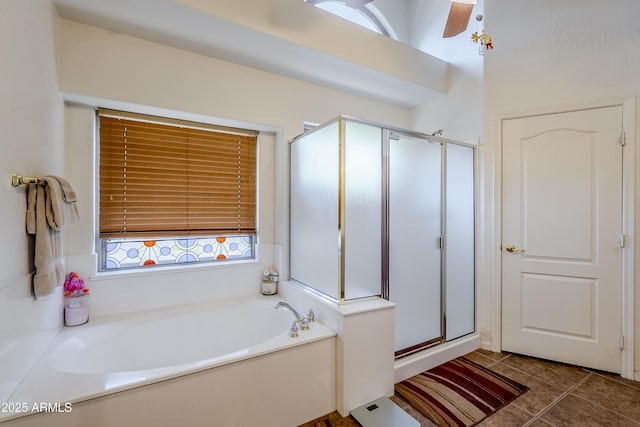 bathroom featuring shower with separate bathtub, tile patterned flooring, and ceiling fan