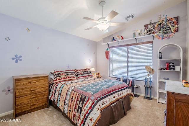 carpeted bedroom featuring ceiling fan and lofted ceiling