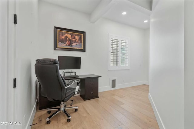 office with light wood-type flooring, recessed lighting, beamed ceiling, and baseboards