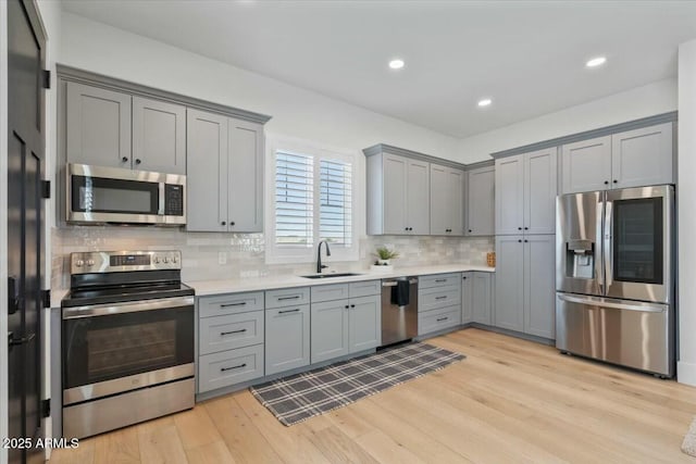 kitchen with appliances with stainless steel finishes, gray cabinetry, a sink, tasteful backsplash, and recessed lighting