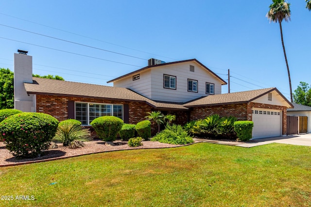 2547 W Naranja Ave, Mesa, AZ 85202 - view of front of home with brick siding, driveway, a garage, a chimney, and a shingled roof