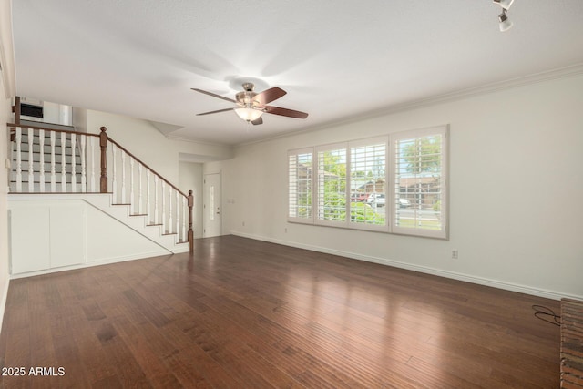 2547 W Naranja Ave, Mesa, AZ 85202 - unfurnished living room with stairway, ceiling fan, wood finished floors, and ornamental molding
