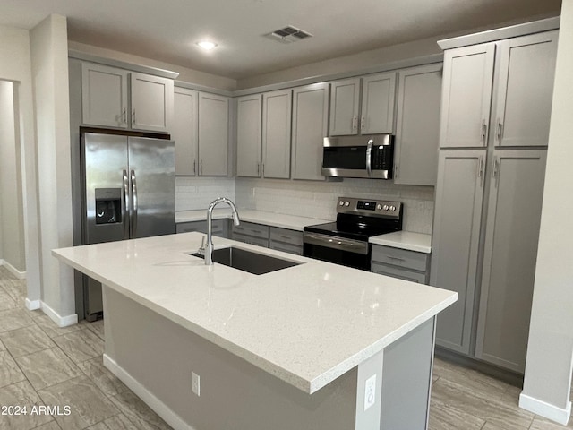 kitchen featuring decorative backsplash, stainless steel appliances, sink, and an island with sink