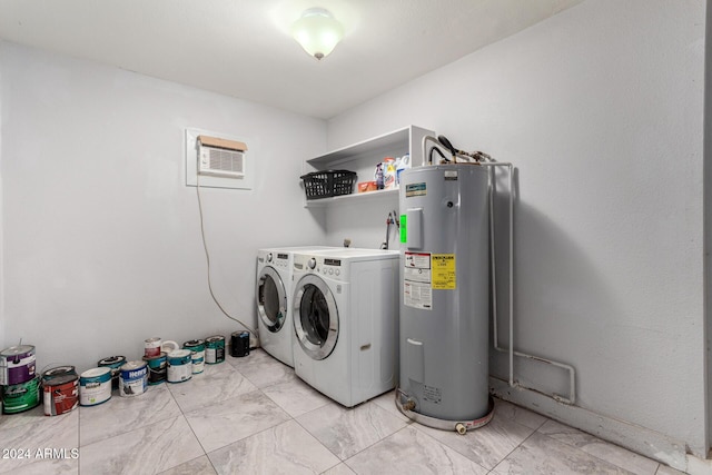 washroom featuring separate washer and dryer, water heater, and a wall mounted air conditioner