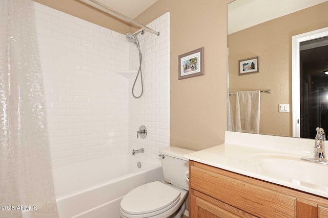 full bathroom featuring toilet, vanity, and shower / bath combination with curtain