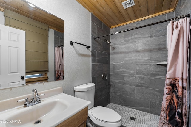 bathroom with wood ceiling, toilet, a shower with curtain, and vanity