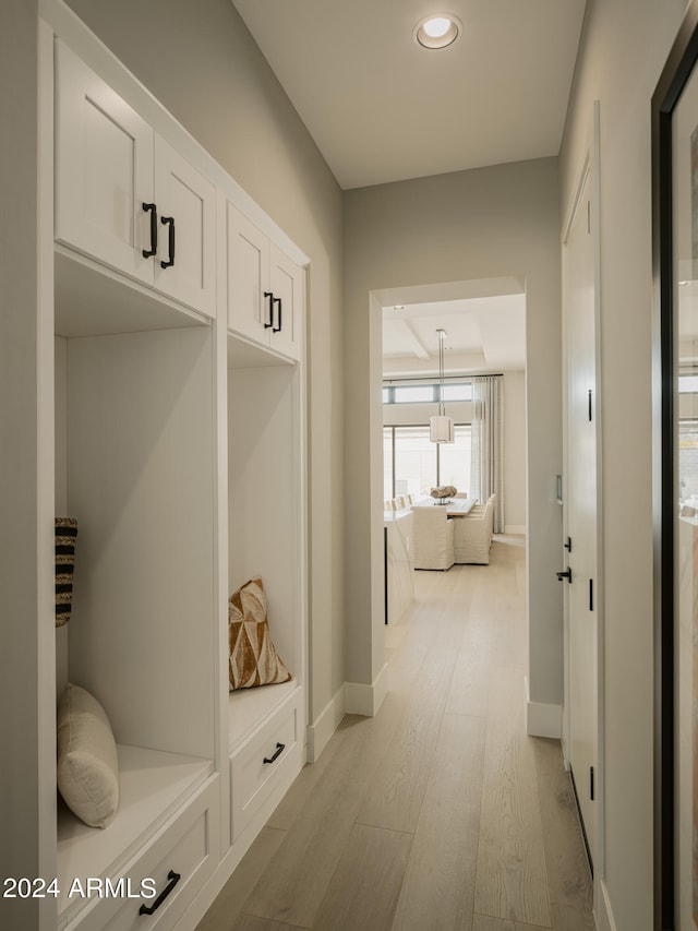 mudroom with light hardwood / wood-style flooring