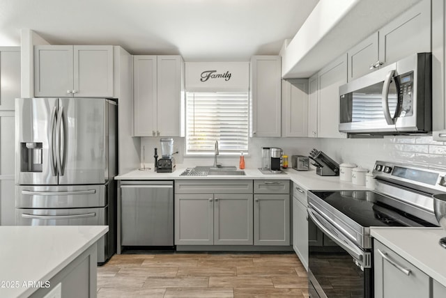 kitchen featuring appliances with stainless steel finishes, backsplash, gray cabinets, and sink