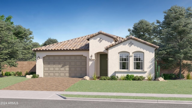 mediterranean / spanish home featuring a front lawn and a garage