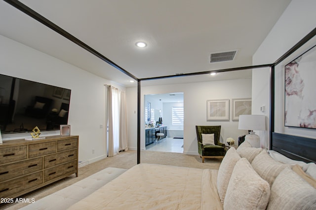 bedroom featuring light colored carpet