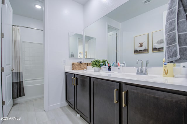 bathroom featuring shower / bath combination with curtain and vanity