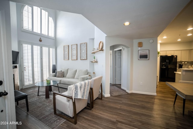 living room with a high ceiling and dark hardwood / wood-style flooring