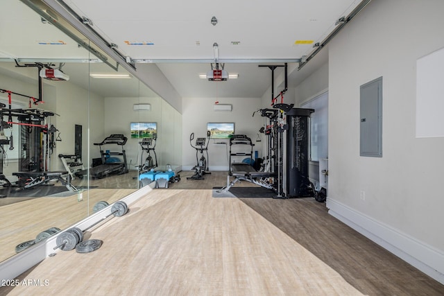 workout area featuring wood-type flooring and electric panel