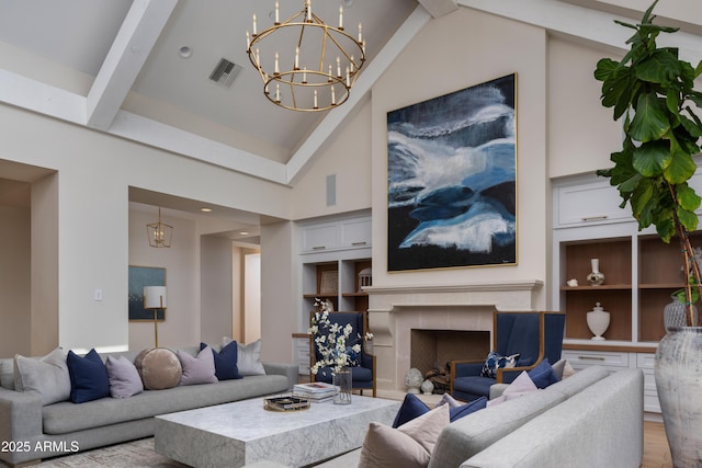 living room featuring built in features, high vaulted ceiling, a fireplace, beamed ceiling, and light wood-type flooring