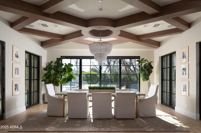 unfurnished dining area featuring coffered ceiling, hardwood / wood-style floors, beamed ceiling, and a chandelier