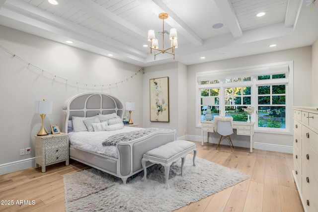 bedroom with beamed ceiling, a notable chandelier, wooden ceiling, and light wood-type flooring