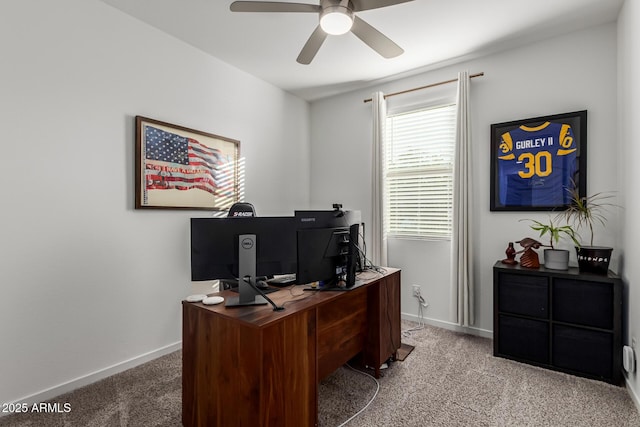 home office with light colored carpet and ceiling fan