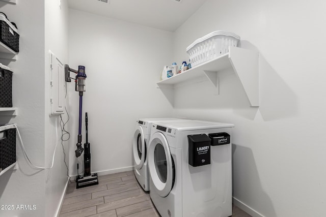 laundry room with electric panel and separate washer and dryer