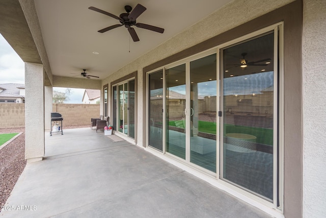 12702 W Sierra Vista Dr, Glendale, AZ 85307 - view of patio / terrace featuring grilling area, fence, and a ceiling fan