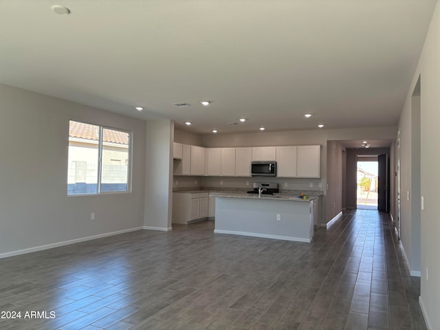 kitchen featuring stainless steel appliances, dark hardwood / wood-style floors, a healthy amount of sunlight, and a kitchen island with sink