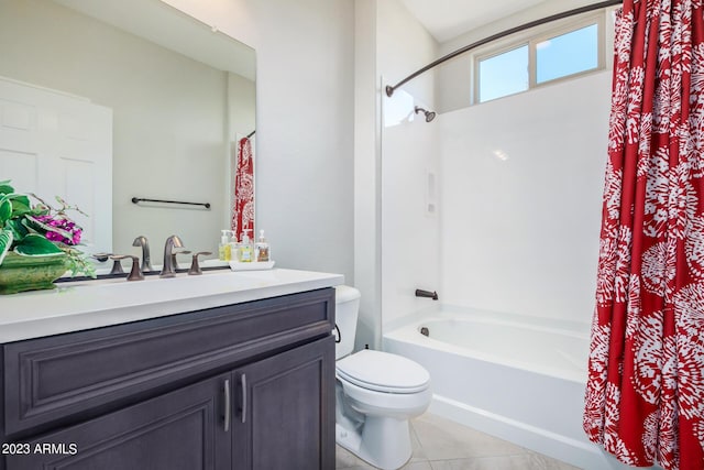 full bathroom featuring tile patterned flooring, vanity, shower / tub combo, and toilet