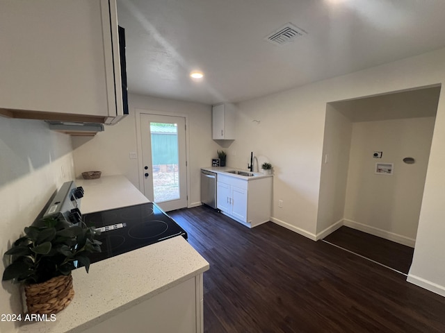 kitchen featuring white cabinetry, range with electric stovetop, dark wood-type flooring, dishwasher, and sink