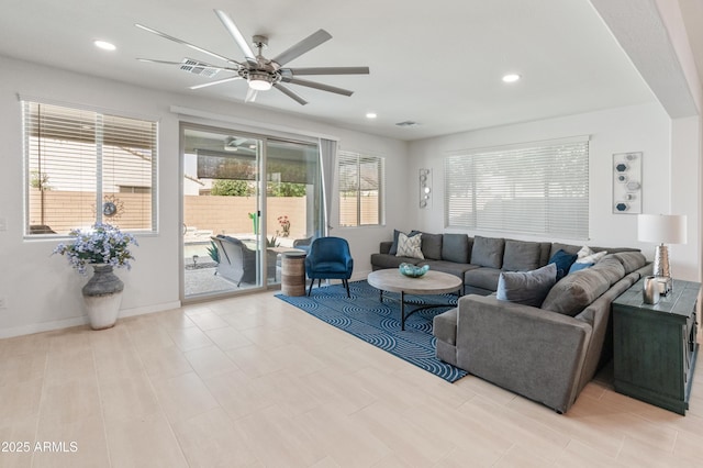 24638 N 144th Ave, Surprise, AZ 85387 - living room featuring ceiling fan, recessed lighting, and baseboards
