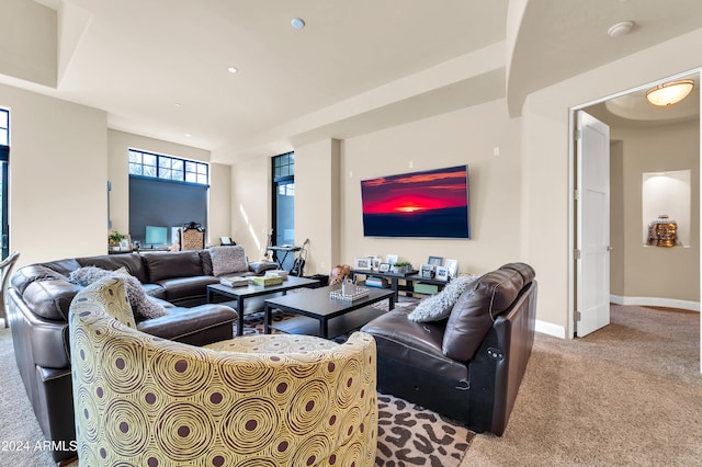 living room featuring light colored carpet