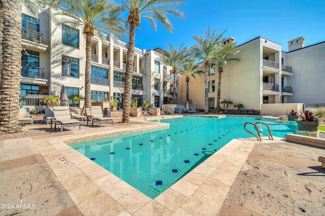 view of swimming pool featuring a patio area