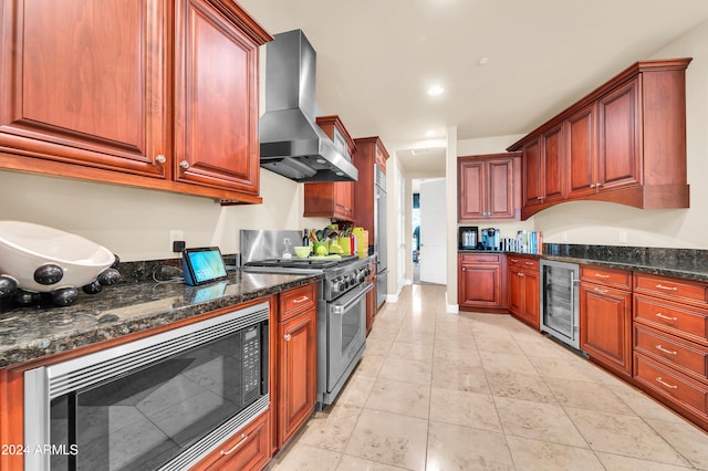 kitchen featuring black microwave, wine cooler, dark stone countertops, stainless steel range, and wall chimney exhaust hood