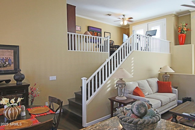 15221 N Clubgate Dr Unit 2044, Scottsdale, AZ 85254 - stairway with a ceiling fan, wood finished floors, and crown molding