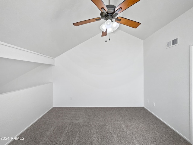 additional living space featuring ceiling fan, vaulted ceiling, and carpet