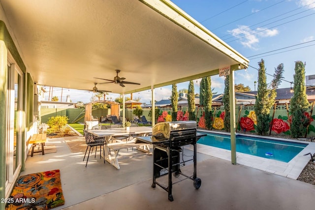 8437 E Bonnie Rose Ave, Scottsdale, AZ 85250 - view of pool featuring a fenced backyard, a patio, and a ceiling fan