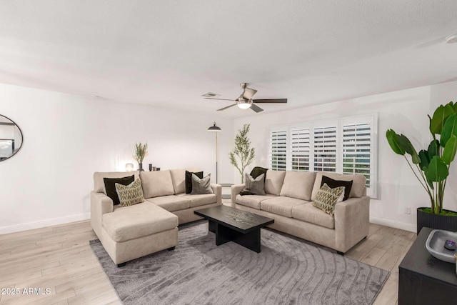 8437 E Bonnie Rose Ave, Scottsdale, AZ 85250 - living area featuring light wood-style floors, a ceiling fan, and baseboards