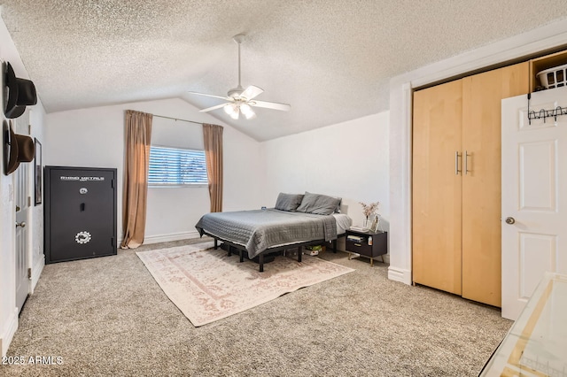 624 N Ashbrook Cir, Mesa, AZ 85213 - carpeted bedroom featuring vaulted ceiling, a textured ceiling, ceiling fan, and baseboards