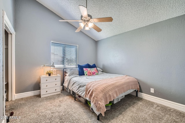 624 N Ashbrook Cir, Mesa, AZ 85213 - carpeted bedroom featuring a textured ceiling, a textured wall, lofted ceiling, baseboards, and a ceiling fan