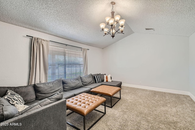 624 N Ashbrook Cir, Mesa, AZ 85213 - carpeted living area featuring a chandelier, a textured ceiling, vaulted ceiling, and baseboards