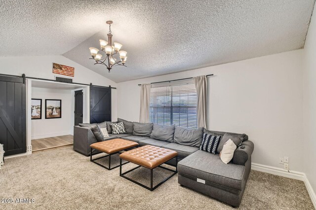 624 N Ashbrook Cir, Mesa, AZ 85213 - living area with a barn door, a chandelier, carpet, a textured ceiling, and vaulted ceiling