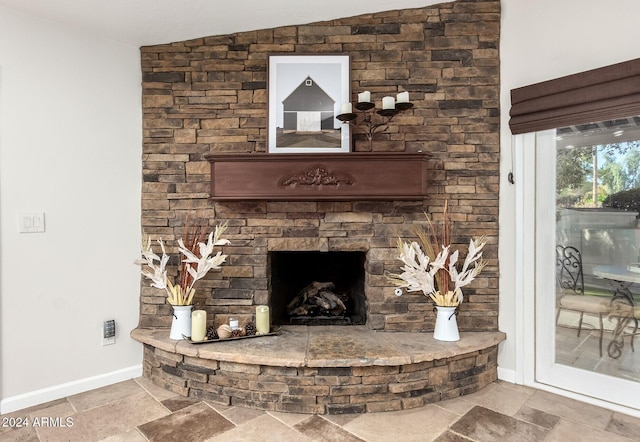 room details with a stone fireplace