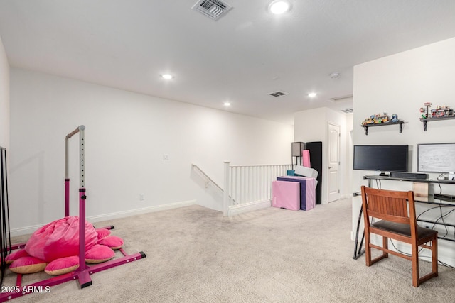 recreation room featuring light colored carpet, recessed lighting, and baseboards