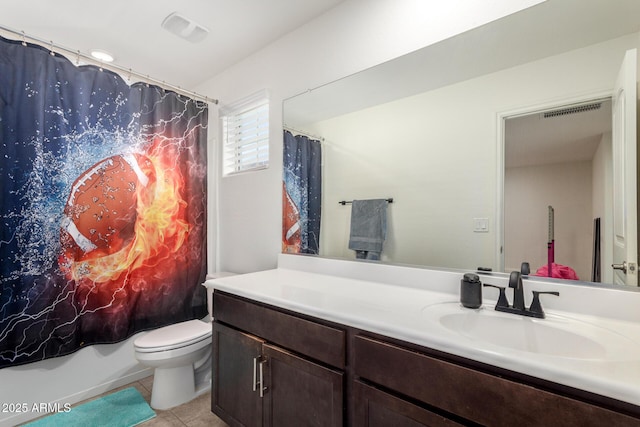 full bathroom with tile patterned floors, toilet, vanity, and shower / tub combo with curtain