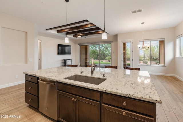 31207 N 124th Dr, Peoria, AZ 85383 - kitchen featuring dishwasher, a sink, a chandelier, dark brown cabinets, and light wood finished floors