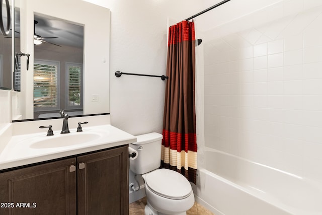 31207 N 124th Dr, Peoria, AZ 85383 - bathroom featuring a ceiling fan, toilet, vanity, and shower / bath combo with shower curtain