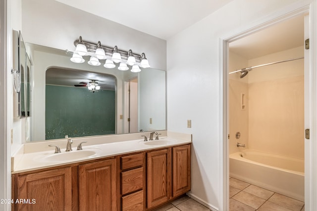 bathroom featuring tile patterned floors, bathtub / shower combination, ceiling fan, and vanity