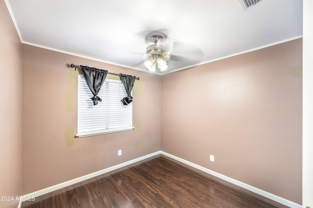 spare room with ceiling fan, hardwood / wood-style flooring, and ornamental molding